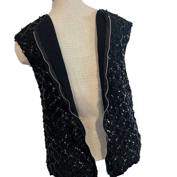 Vintage 60s black sequin sleeveless top zip up back size medium-large - Picture 3 of 9